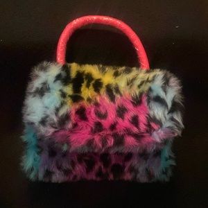Multi color faux fur leopard print purse